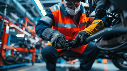 Mechanic inspecting a vehicles undercarriage, detailed garage view Thorough and skilled, precise and practical, comprehensive check