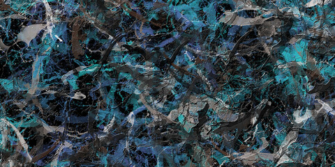 An abstract, chaotic pattern of dark blue, black, and teal colors with intricate textures and layers