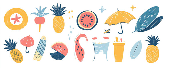 Seaside Playfuls: Hand-Drawn Vector Art Featuring Summer Symbols and Elements, Perfect for Vibrant Design Projects