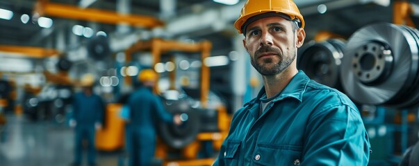 Mechanic replacing brake pads, industrial backdrop Skilled and careful, efficient and essential, vehicle safety