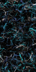 An abstract, chaotic pattern of dark blue, black, and teal colors with intricate textures and layers