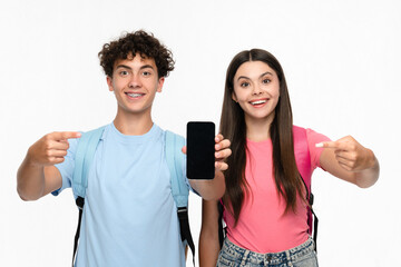 Positive high school pupils students teenagers classmates boy girl friends in casual with bags...