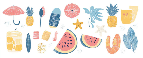 A Hand-Drawn Vector Medley of Summer and Vacation Symbols, Suited for Elegant and Lively Artwork Designs