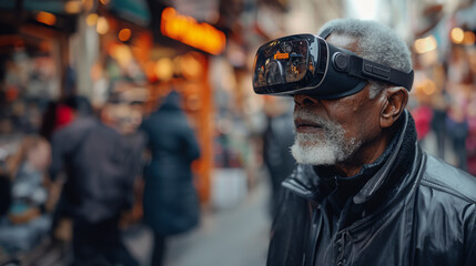 Elderly man exploring a bustling city street with virtual reality headset