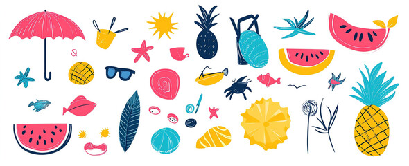 A Hand-Drawn Vector Medley of Summer and Vacation Symbols, Suited for Elegant and Lively Artwork Designs