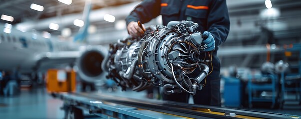 Mechanic servicing an airplane engine, hangar environment Advanced and precise, thorough and skilled, aviation maintenance