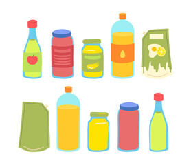 Cartoon Color Sauce Jar Bottle Set Concept Flat Design Style. Vector illustration of Olive Oil, Vinegar and Mayo