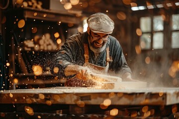 Experienced woodworker in a workshop sanding wood with passion, surrounded by flying sawdust and warm lighting.