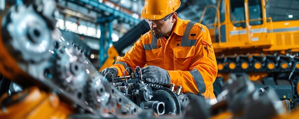 Mechanic working on heavy machinery, construction site backdrop Strong and efficient, robust and practical, heavyduty repair