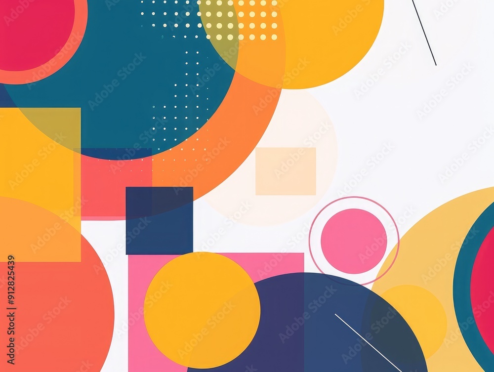 Poster minimal geometric background with bright colorful squares and round elements, ideal for banners, vec
