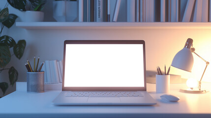 Notebook laptop white screen mockup is on a white table in simple minimal coffee shop