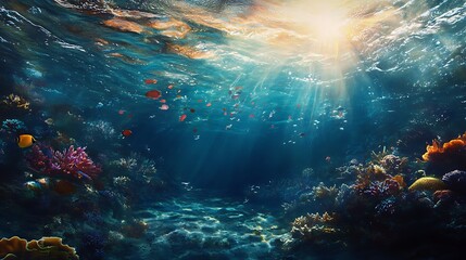 Fototapeta premium Underwater Scene with Sunbeams Illuminating Coral Reef and Fish