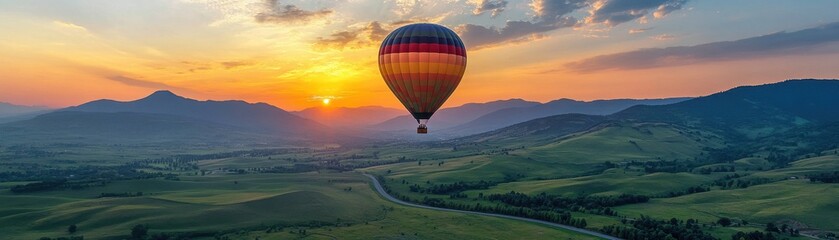 Naklejka premium Hot air balloon flying over green valley with road and mountain