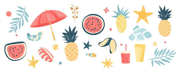 A Hand-Drawn Vector Medley of Summer and Vacation Symbols, Suited for Elegant and Lively Artwork Designs