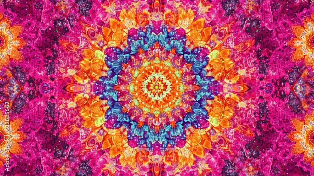 Poster abstract kaleidoscope pattern with vivid colors, psychedelic background