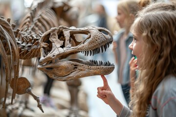 Young girl fascinated by dinosaur skeleton exhibit at a museum