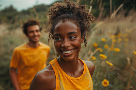 Happy young couple running in a field with wildflowers, enjoying an outdoor workout - Powered by Adobe