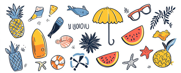 Obraz premium Sunset Dreams: Abstract Summer-Themed Vector Art with Hand-Drawn Symbols, Perfect for Modern Design Templates