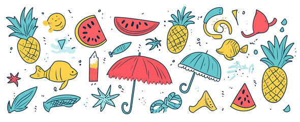 Sunset Dreams: Abstract Summer-Themed Vector Art with Hand-Drawn Symbols, Perfect for Modern Design Templates