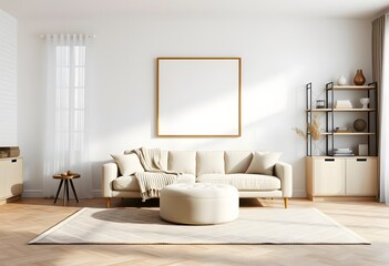 Interior of A minimalist living room with framed empty wall hanging and two white armchairs, a small side table,