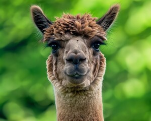 Fototapeta premium portrait of an alpaca with a funny expression, green background