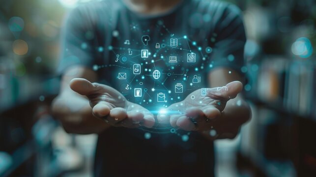 A man extends his hands while a hologram of futuristic learning systems and smart schooling icons appears.