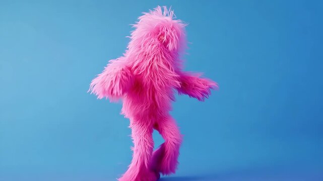Colorful pink fur character dancing energetically against a blue background in a fun performance
