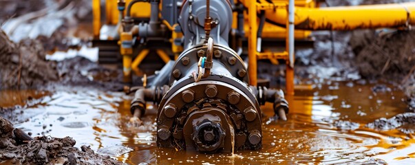 Submersible pump draining water from a construction site, muddy setting Reliable and strong, efficient and essential, construction equipment