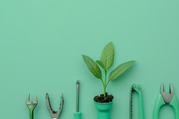 Gardening Tools and Fresh Green Plant on Mint Green Background With Natural Textures