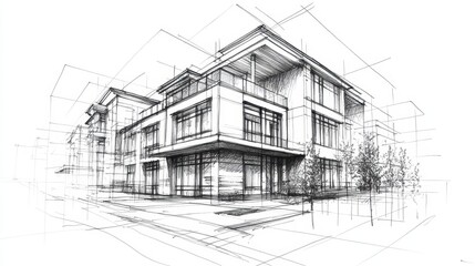 Architectural sketch with pencil and markers of a house facade