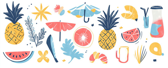 Summer Sketches: Playful Vector Illustration of Vacation Icons on White, Trendy for Banner and T-Shirt Artwork