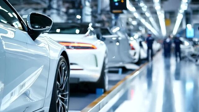 Engineers performing final inspections of assembled cars on a modern assembly line