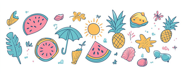 Sun-Kissed Style: Hand-Drawn Abstract Summer Elements and Vacation Motifs, Vector Illustration for Modern and Stylish Artwork Designs