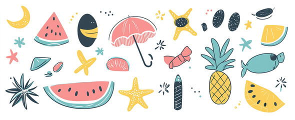 Sun-Kissed Style: Hand-Drawn Abstract Summer Elements and Vacation Motifs, Vector Illustration for Modern and Stylish Artwork Designs