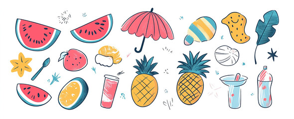 Sun-Kissed Style: Hand-Drawn Abstract Summer Elements and Vacation Motifs, Vector Illustration for Modern and Stylish Artwork Designs