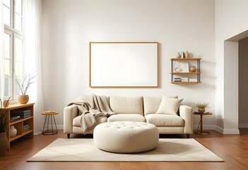 Interior of A minimalist living room with framed empty wall hanging and two white armchairs, a small side table,
