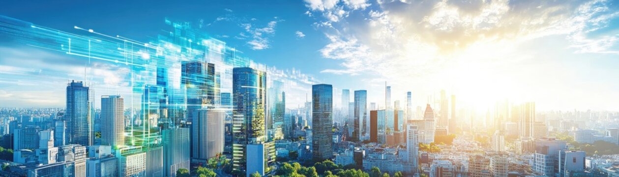 Smart city with integrated technology, illustrating urban future