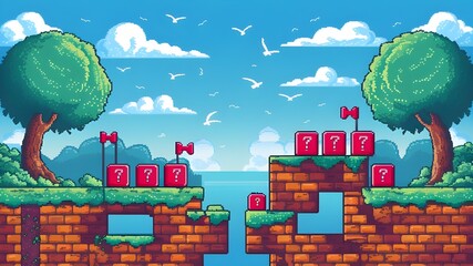 Retro-Themed 2D Platformer Game Environment with Pixel Art and Engaging Graphics