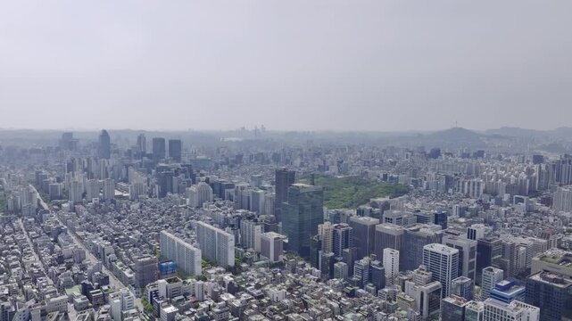 rone View of Seoul city in South Korea, gangnam financial district, Summer 60fps