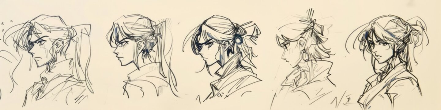 Sketches of anime comic drawings Character storyboard on paper
