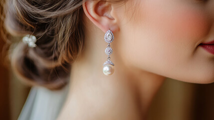 Photography of the bride's earrings, sparkling with diamonds and pearls, gently hanging from her ears as she prepares for the big moment, adding a touch of glamour and elegance to the Wedding 