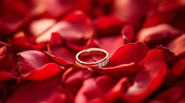 Photography of the wedding rings placed on a bed of rose petals, with soft lighting highlighting their shine and beauty, capturing the symbols of love and commitment during the Wedding Ceremony 