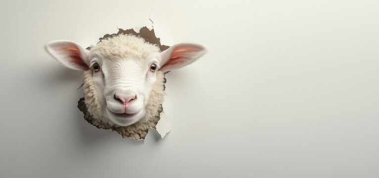 Schaf streckt den Kopf durch ein Loch in wei&szlig;er Wand