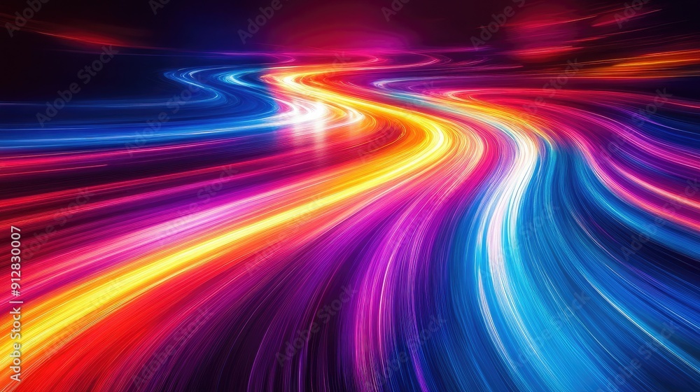 Poster colorful light trails creating abstract forms, dynamic and bright