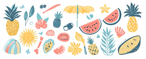 Beach Bash Design Kit: Hand-Drawn Vector Summer Symbols and Elements, Ideal for Trendy Posters, Banners, and T-Shirt Templates