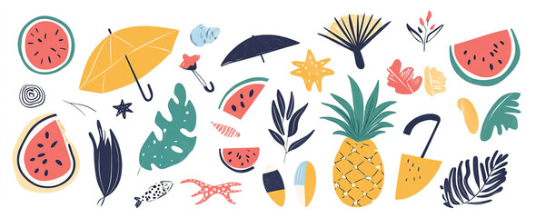 Beach Bash Design Kit: Hand-Drawn Vector Summer Symbols and Elements, Ideal for Trendy Posters, Banners, and T-Shirt Templates