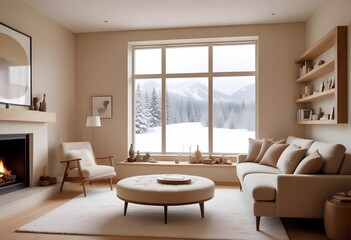 Fototapeta premium Interior of A minimalist living room with framed empty wall hanging and two white armchairs, a small side table,