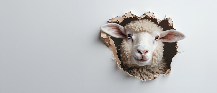 Schaf streckt den Kopf durch ein Loch in wei&szlig;er Wand