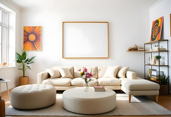 Interior of A minimalist living room with framed empty wall hanging and two white armchairs, a small side table,