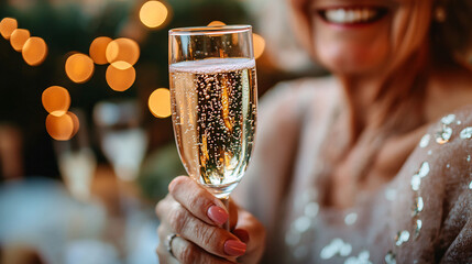 Photography of a close-up of a retiree’s smile as they hold a glass of champagne, with sparkling bubbles and the glass elegantly reflecting the celebratory atmosphere of the Retirement Celebration 